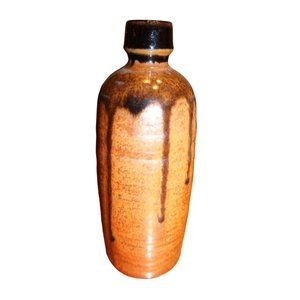 Vintage Sake Bottle Pottery Japanese Brown Drip Glaze Orange Iridescent 6.75"